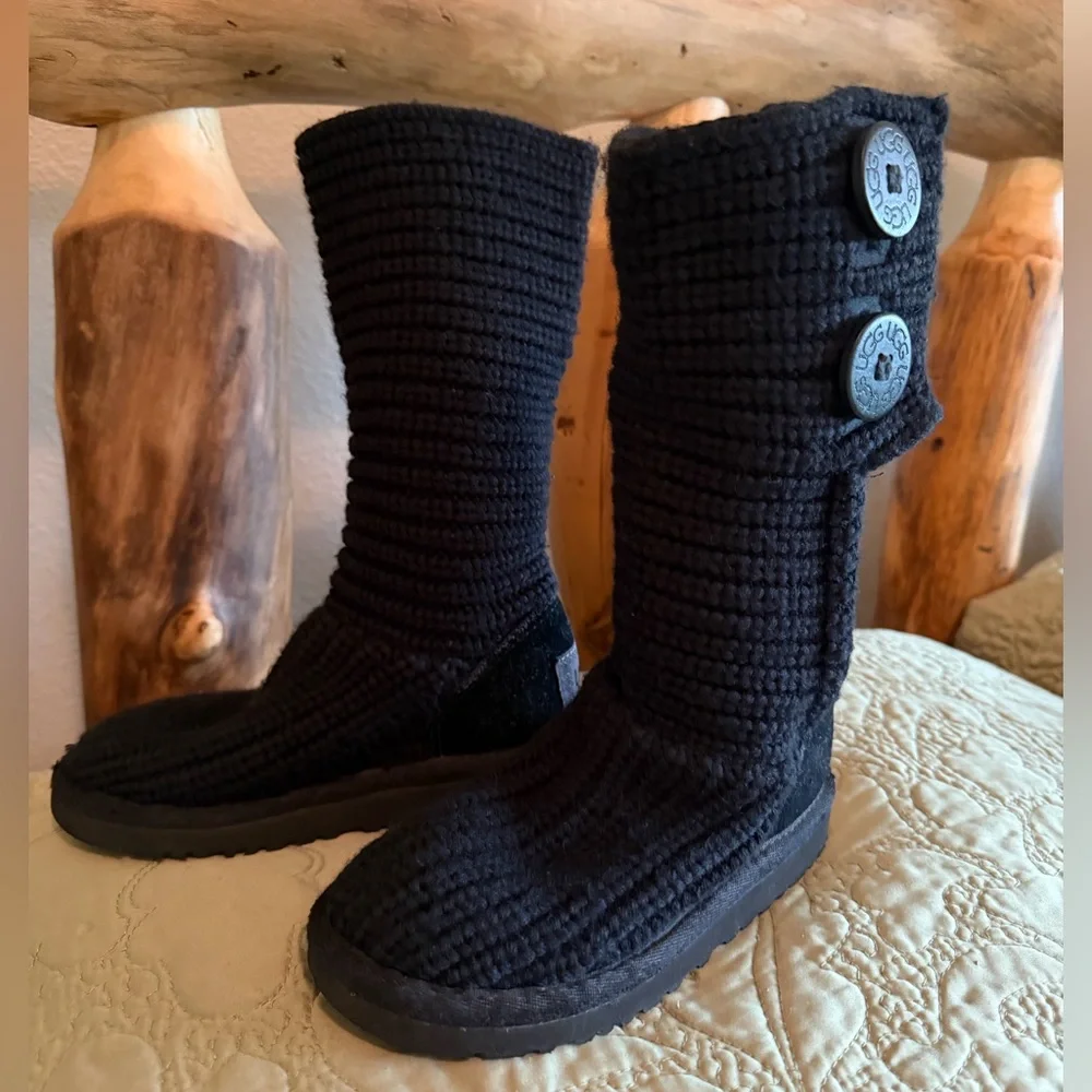 UGG Girl’s Black “Cardy” Sweater Knit Button Boots, Toddler Size 10
